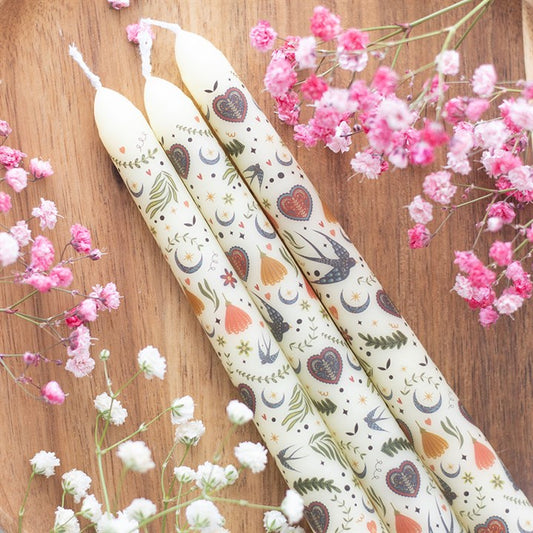 Set of 3 Cream Midnight Bloom Print Taper Candles