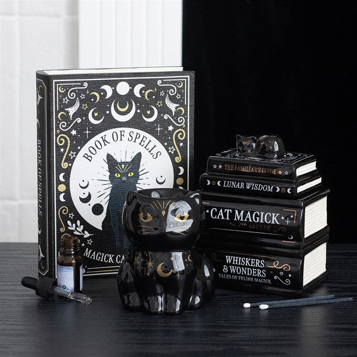 Black Cat Book Stack Oil Burner with Cat