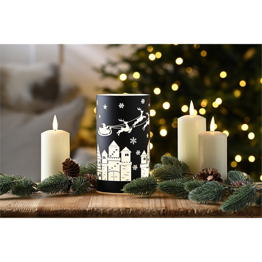Black Glass Tealight Holder with Sleigh Scene